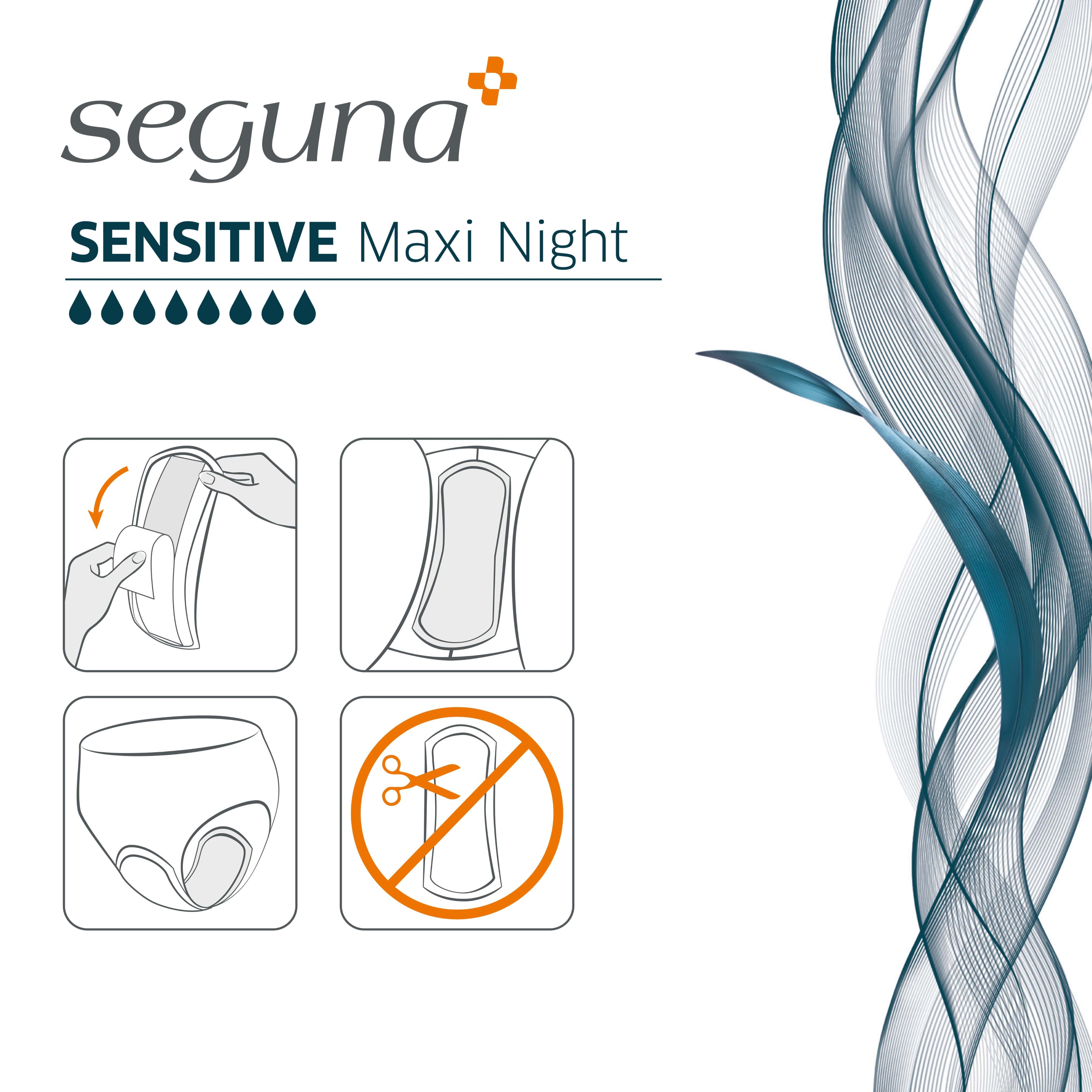 Illustrationen zur Anwendung von SEGUNA Sensitive Maxi Night. Anweisungen zur Platzierung und Verwendung. Nicht zerschneiden.