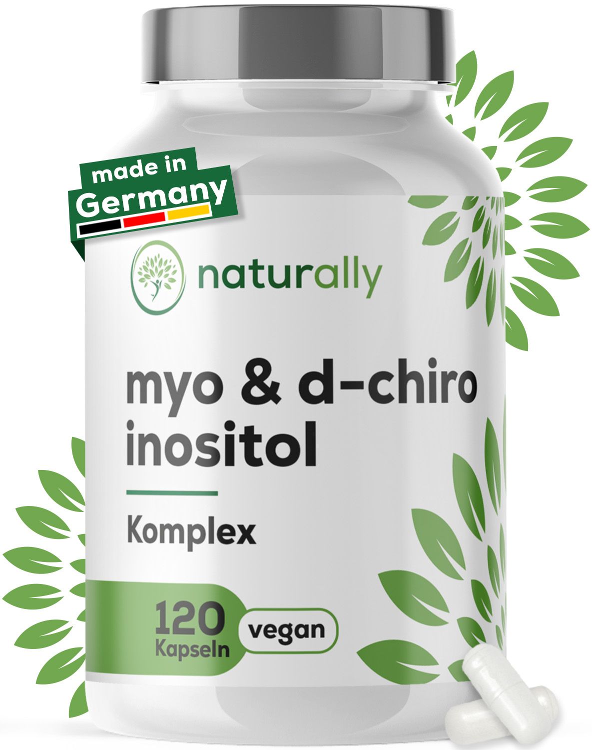 Flasche mit Etikett. Text: naturally, myo & d-chiro inositol Komplex, 120 Kapseln, vegan. Made in Germany.