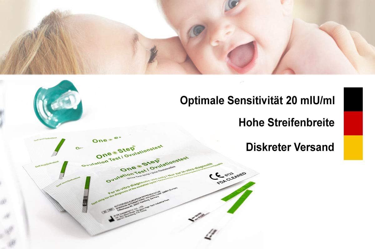 Mehrere Ovulationstest-Verpackungen. Text: Optimale Sensitivität 20 mIU/ml. Hohe Streifenbreite. Diskreter Versand.