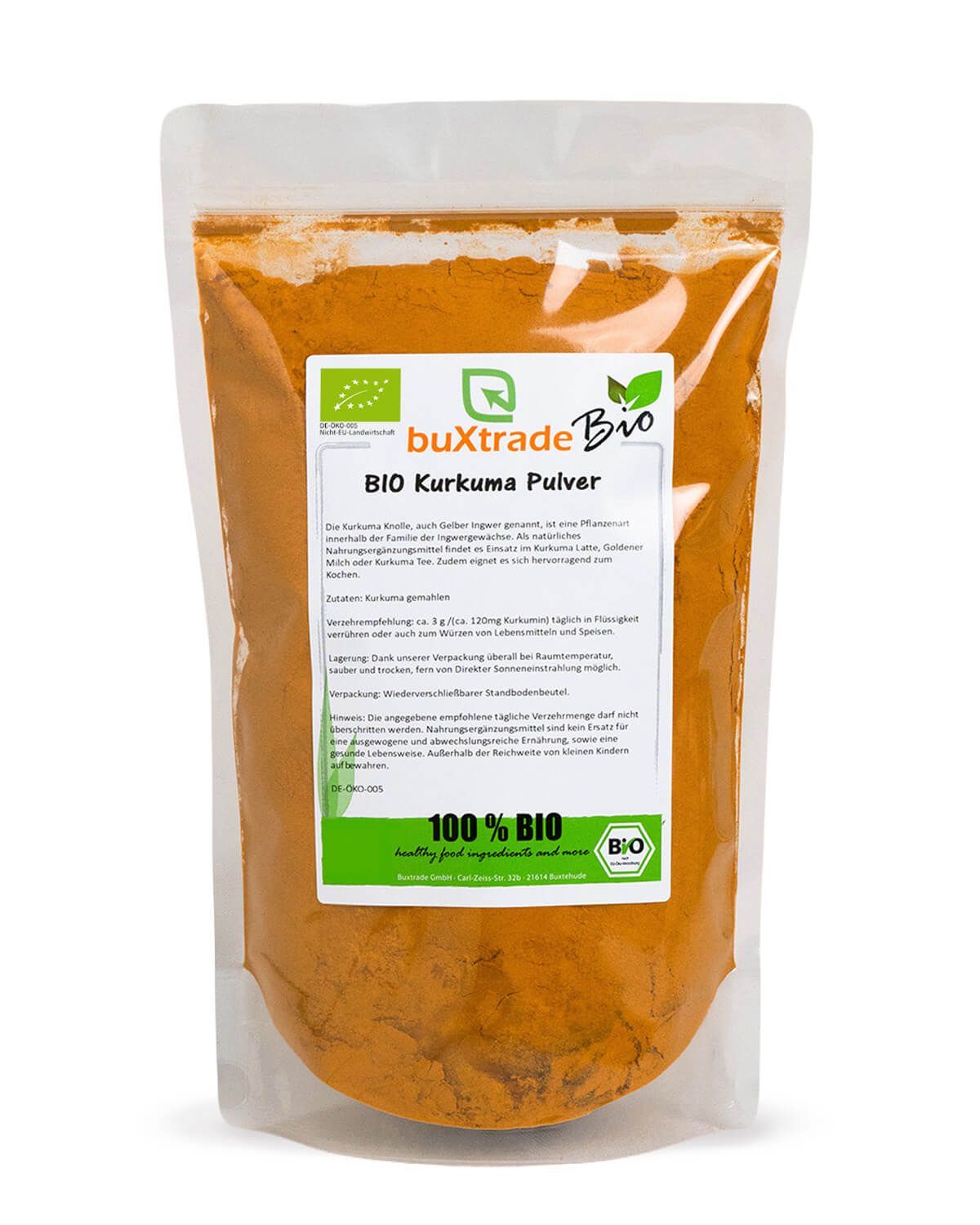 Verpackung mit BIO Kurkuma Pulver, mit Bio-Siegel und Produktinformationen.