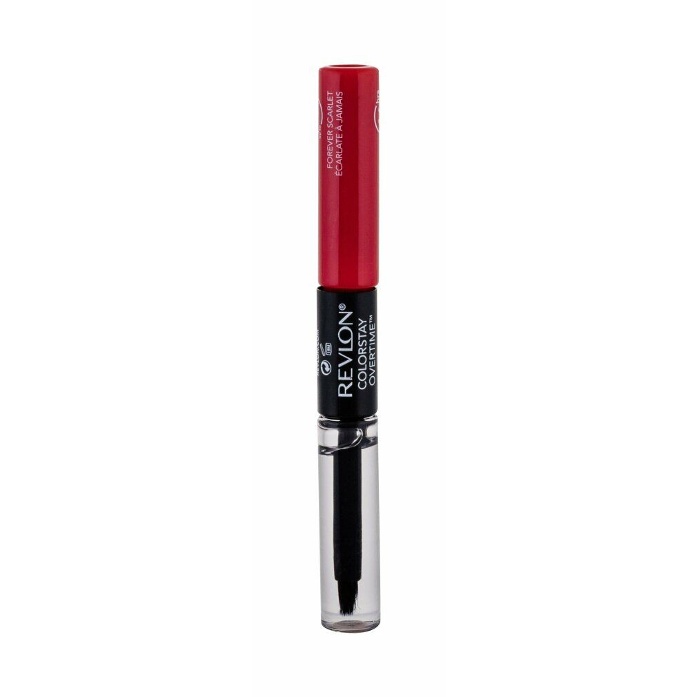 Revlon Colorstay Overtime Lipcolor. Roter Lippenstift mit separater Kappe. Produktname und Marke sichtbar. Farbe: Forever Scarlet.