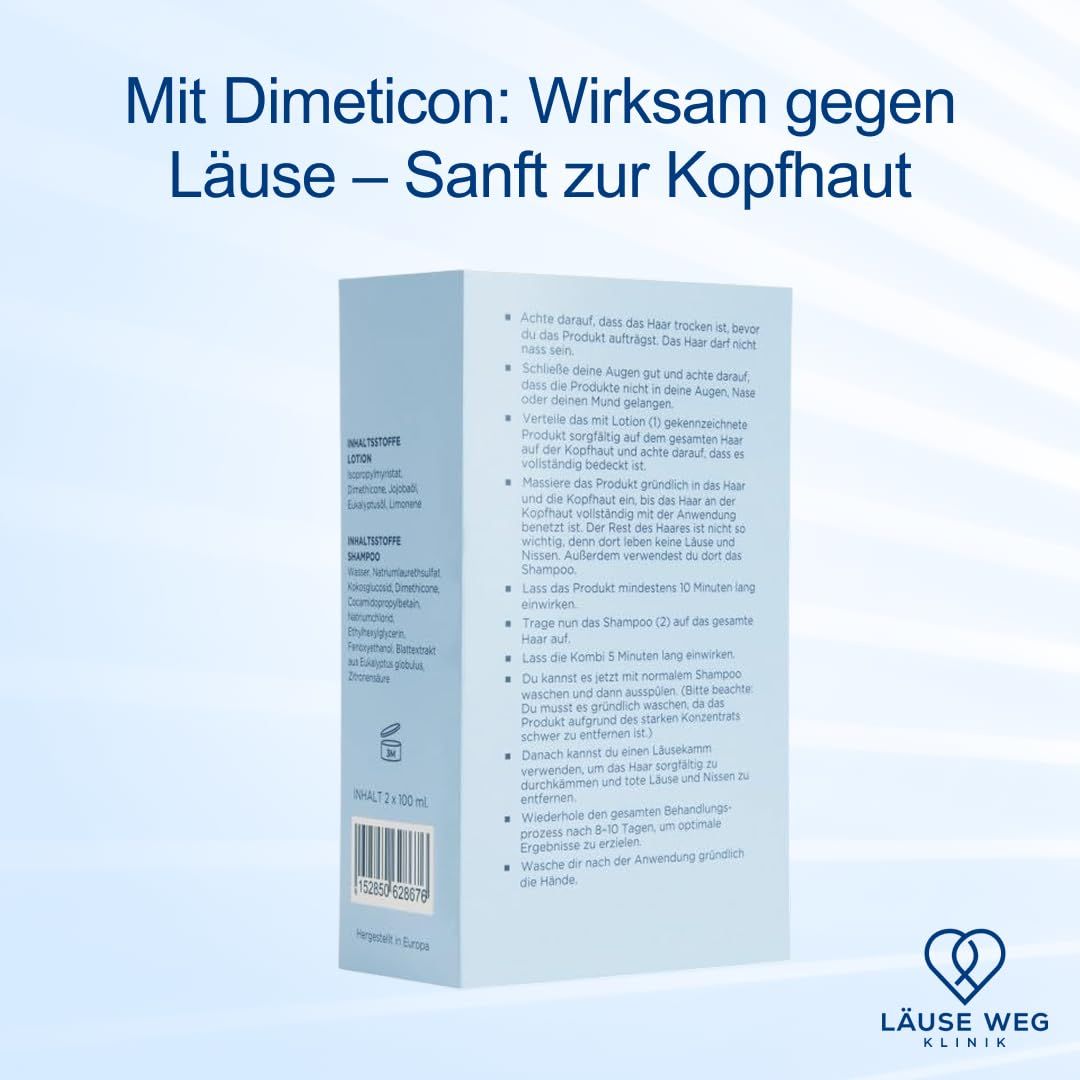 Produktverpackung. Text: Mit Dimeticon: Wirksam gegen Läuse - Sanft zur Kopfhaut. Logo: Läuse Weg Klinik. Rückseite mit Informationen.