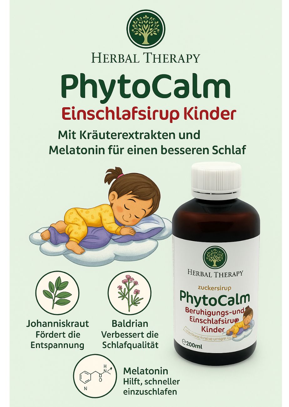Flasche PhytoCalm Einschlafsirup Kinder, daneben Illustrationen von Johanniskraut, Baldrian und Melatonin.