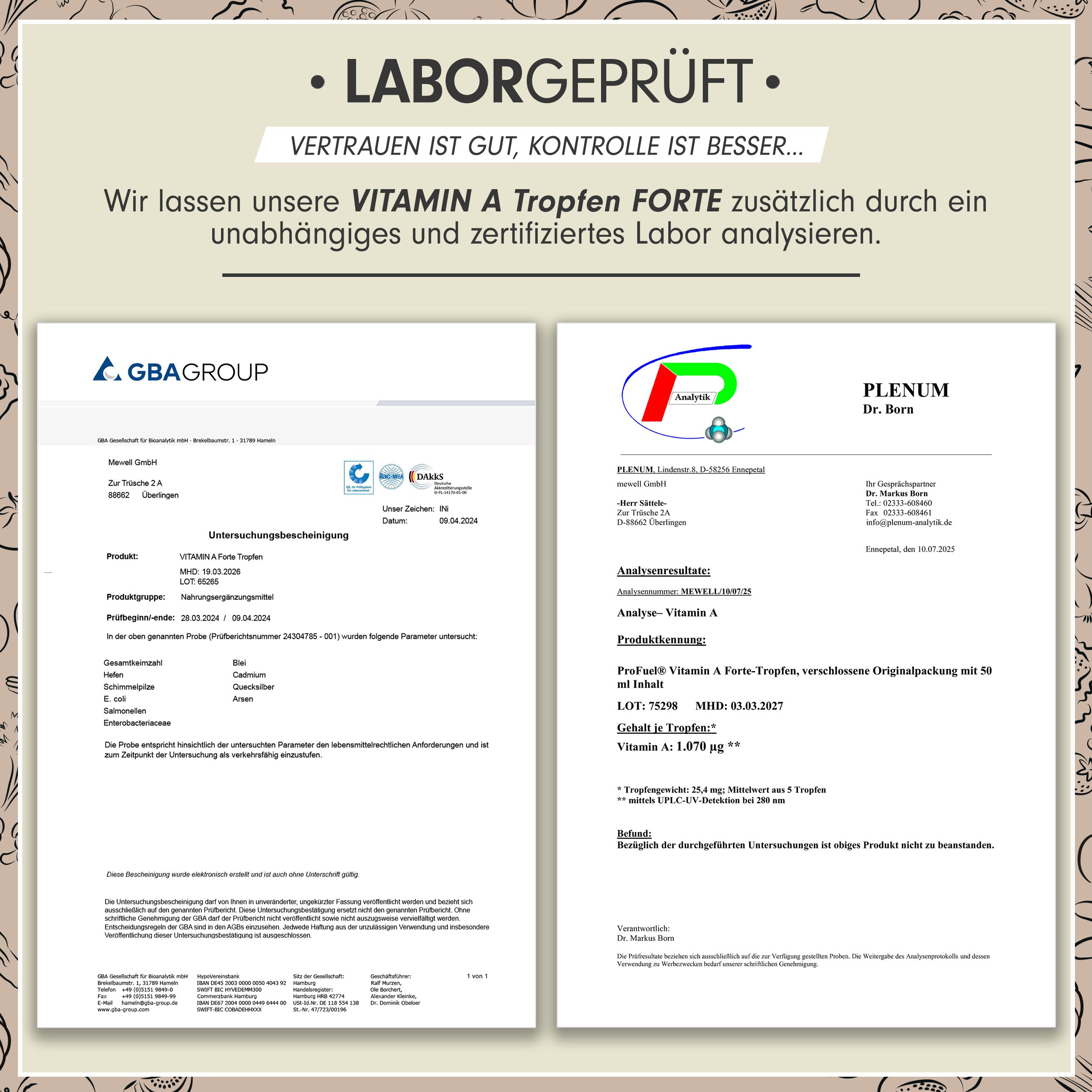 Zwei Laborberichte. Text und Logos von GBA Group und Plenum Dr. Bern. Informationen zu Vitamin A Tropfen Forte.