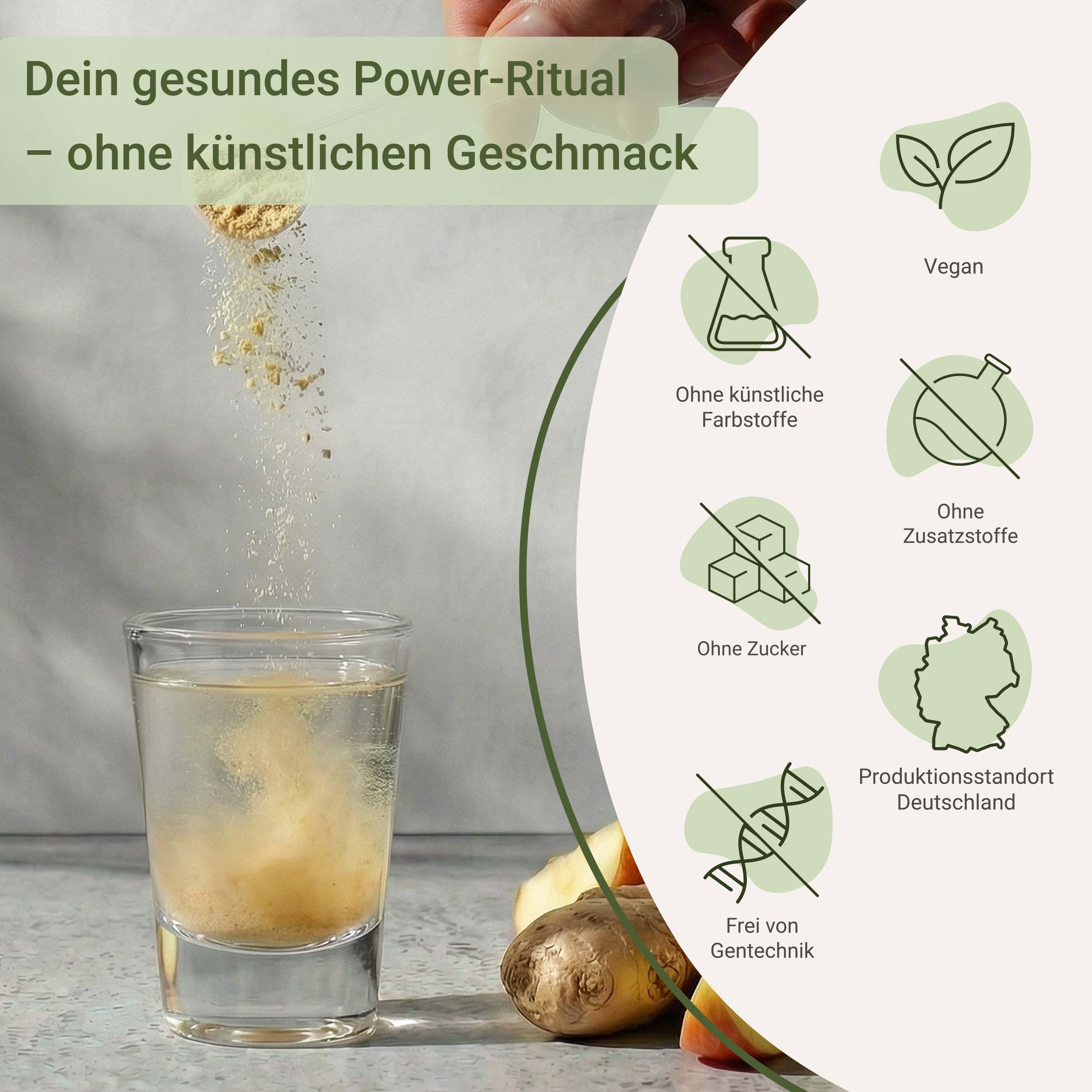 Grafik mit Symbolen: vegan, ohne Zucker, ohne künstliche Farbstoffe, ohne Zusatzstoffe, Produktionsstandort Deutschland.
