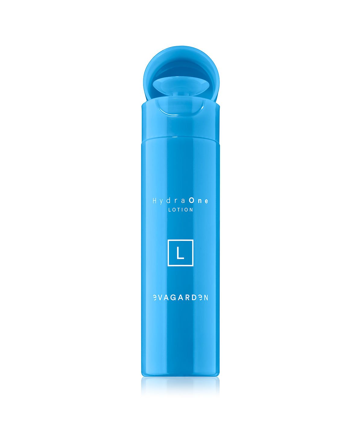Blaue Flasche mit Aufklappdeckel, beschriftet mit HydraOne Lotion und EVAGARDEN.