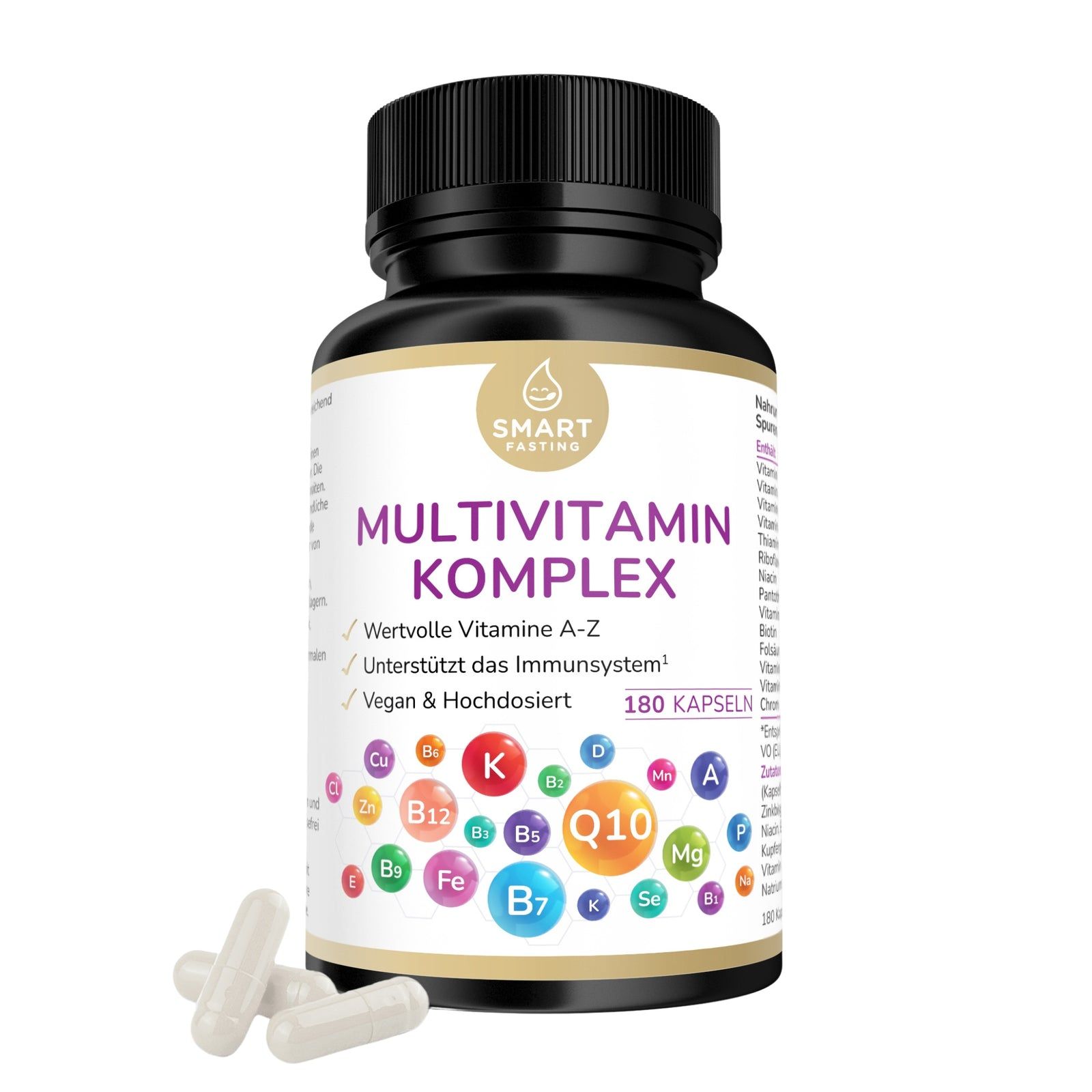 Braune Flasche mit weißen Kapseln. Aufschrift: Multivitamin Komplex, Vitamin A-Z, vegan, hochdosiert. 180 Kapseln.