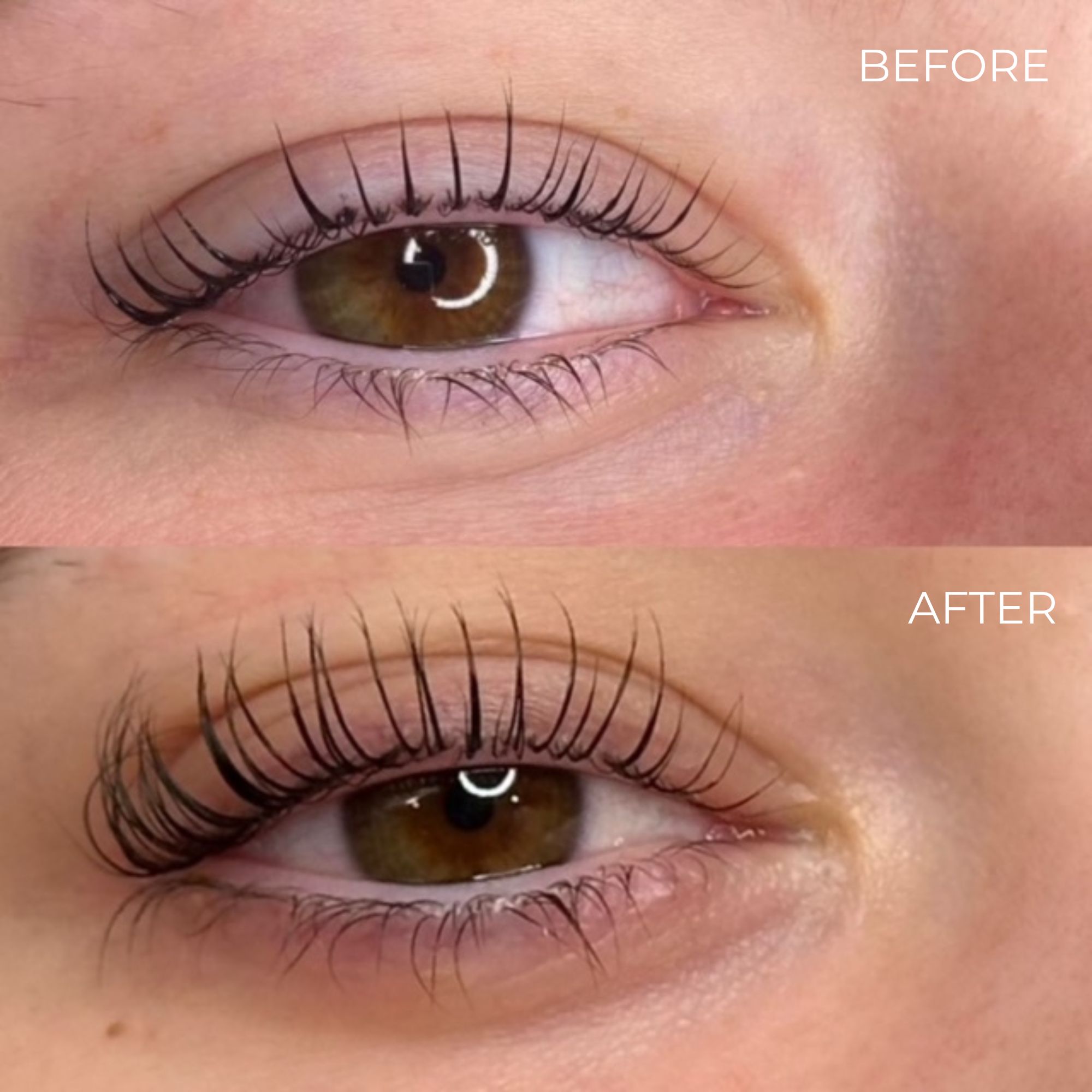 Vorher-Nachher-Vergleich. Auge mit längeren Wimpern nach der Anwendung.