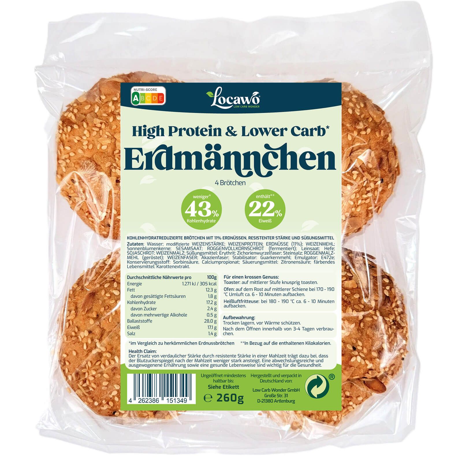 Locawo High Protein & Lower Carb Erdmännchen: 4 Brötchen in Plastikverpackung mit Nährwertangaben.