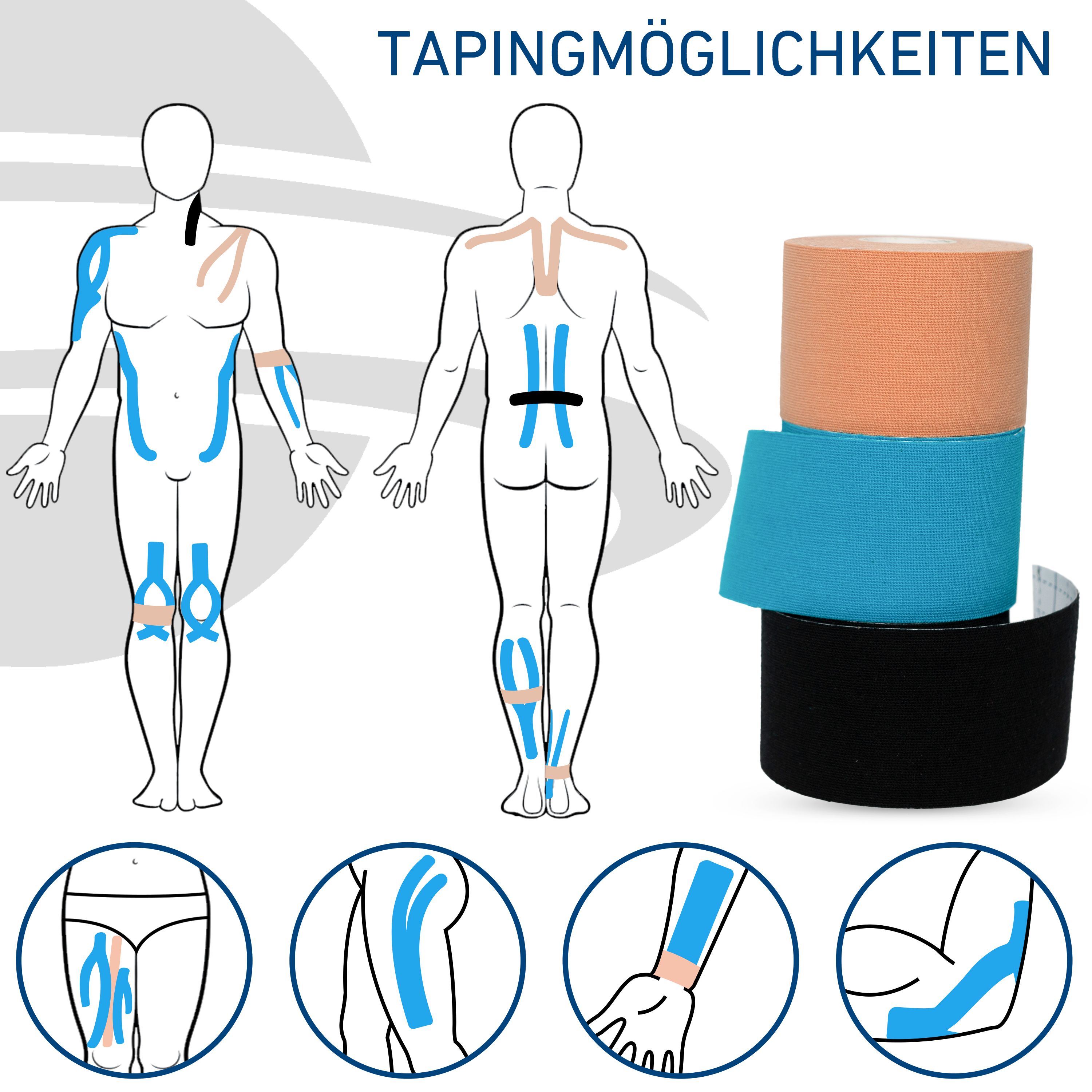 Kinesiologie-Tape-Anwendungen an menschlichen Figuren und Tape-Rollen.