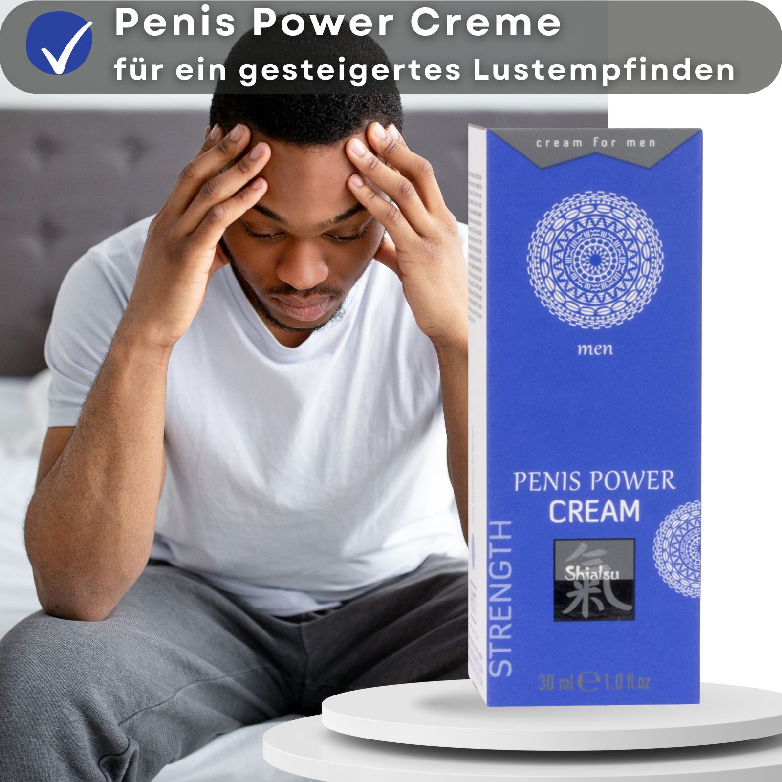 Blaue Tube und Schachtel. Aufschrift: Penis Power Creme, Shiatsu. 30 ml.