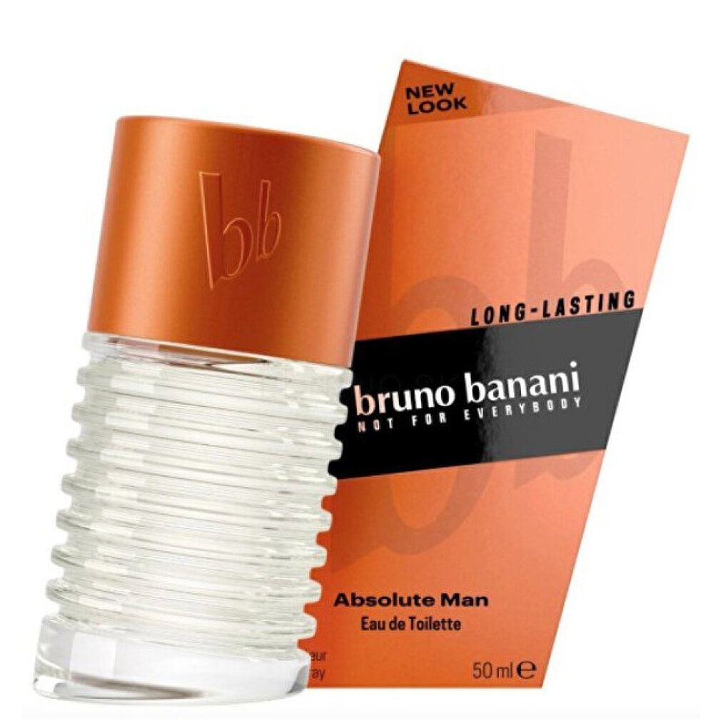 Flakon und Verpackung von Bruno Banani Absolute Man. Orangefarbener Deckel mit "bb" Logo. Verpackung mit "NEW LOOK" Aufkleber.