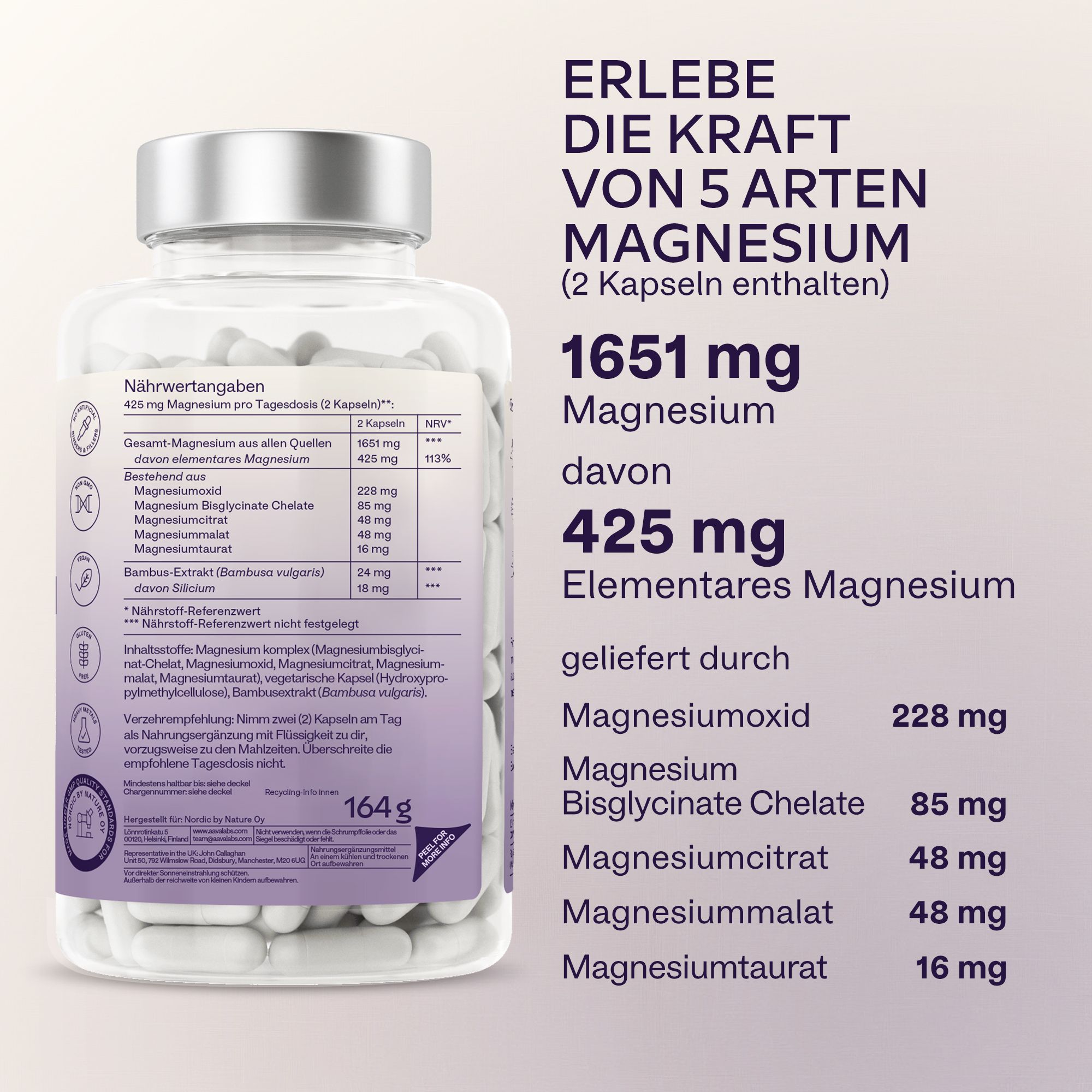 Aavalabs Magnesium Komplex Flasche mit Nährwertangaben und Magnesiumquellen.