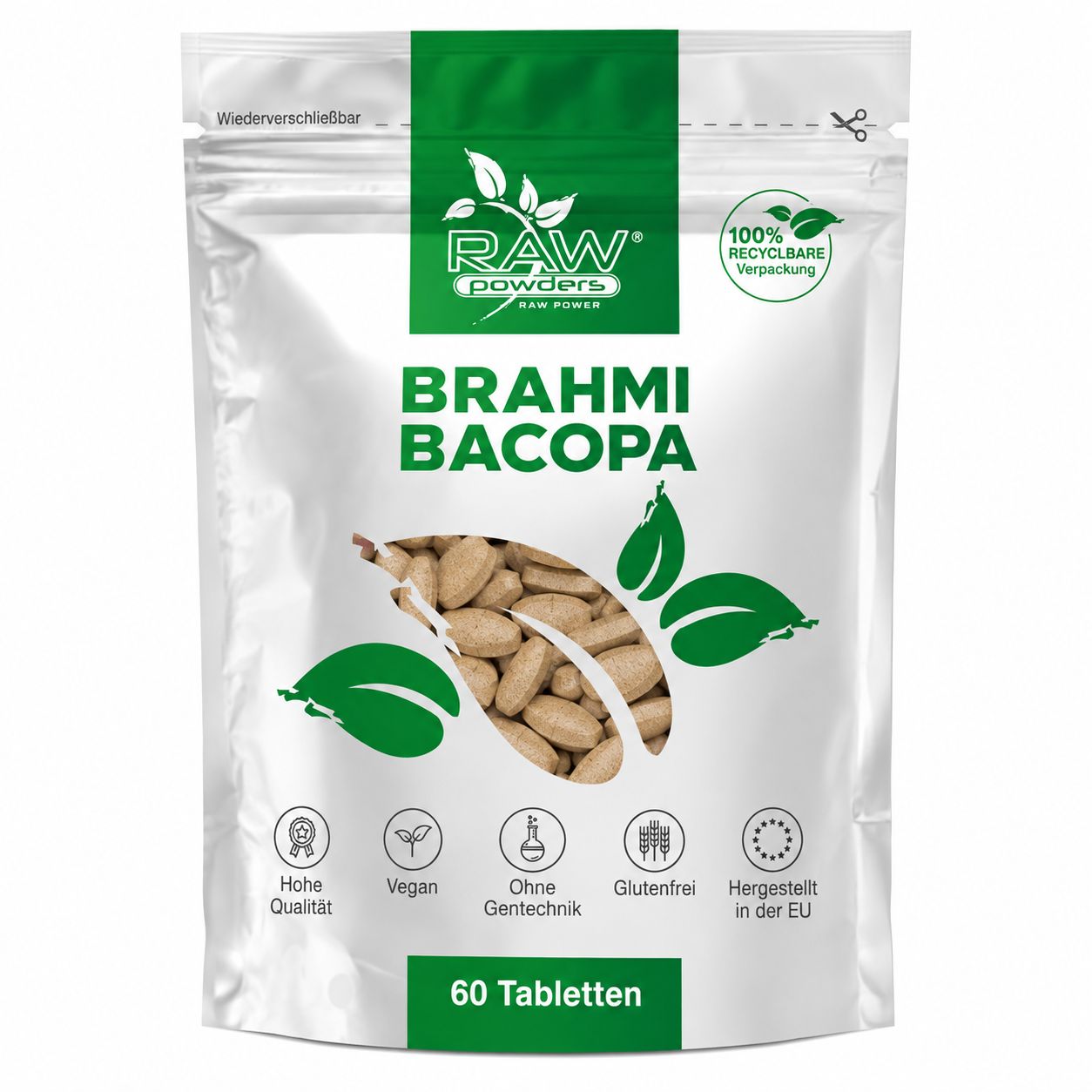 Verpackung mit 60 Tabletten Brahmi Bacopa, vegan, glutenfrei.