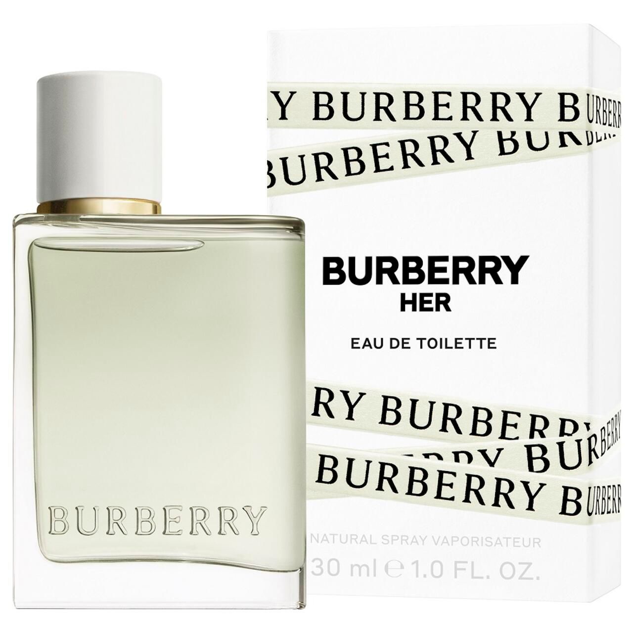 Burberry Her Eau de Toilette. Flakon mit weißem Deckel und goldfarbenem Kragen. Verpackung mit Logo und Schriftzug.