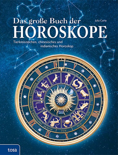 Buchcover: "Das große Buch der Horoskope". Titel, Autorin, Sternzeichen-Illustrationen. Verlag: tosa.