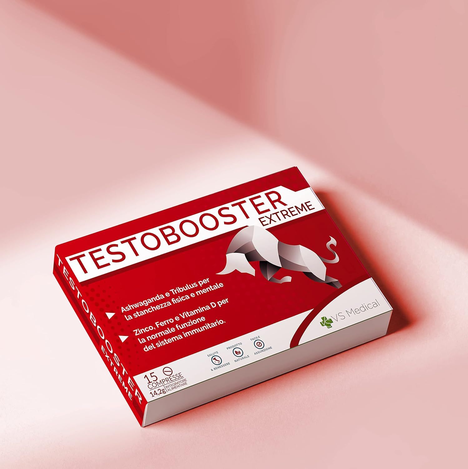 Rote Produktverpackung mit Text: Testobooster Extreme, 15 Tabletten. VS Medical Logo. Auf rosa Untergrund.