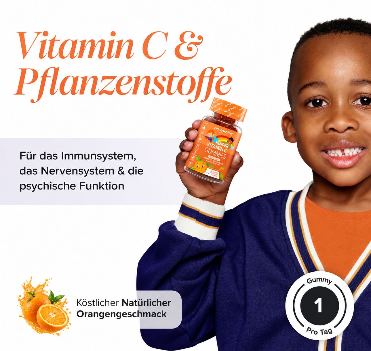 Kindgerechte Vitamin C Gummies für das Immunsystem, mit natürlichem Orangengeschmack.