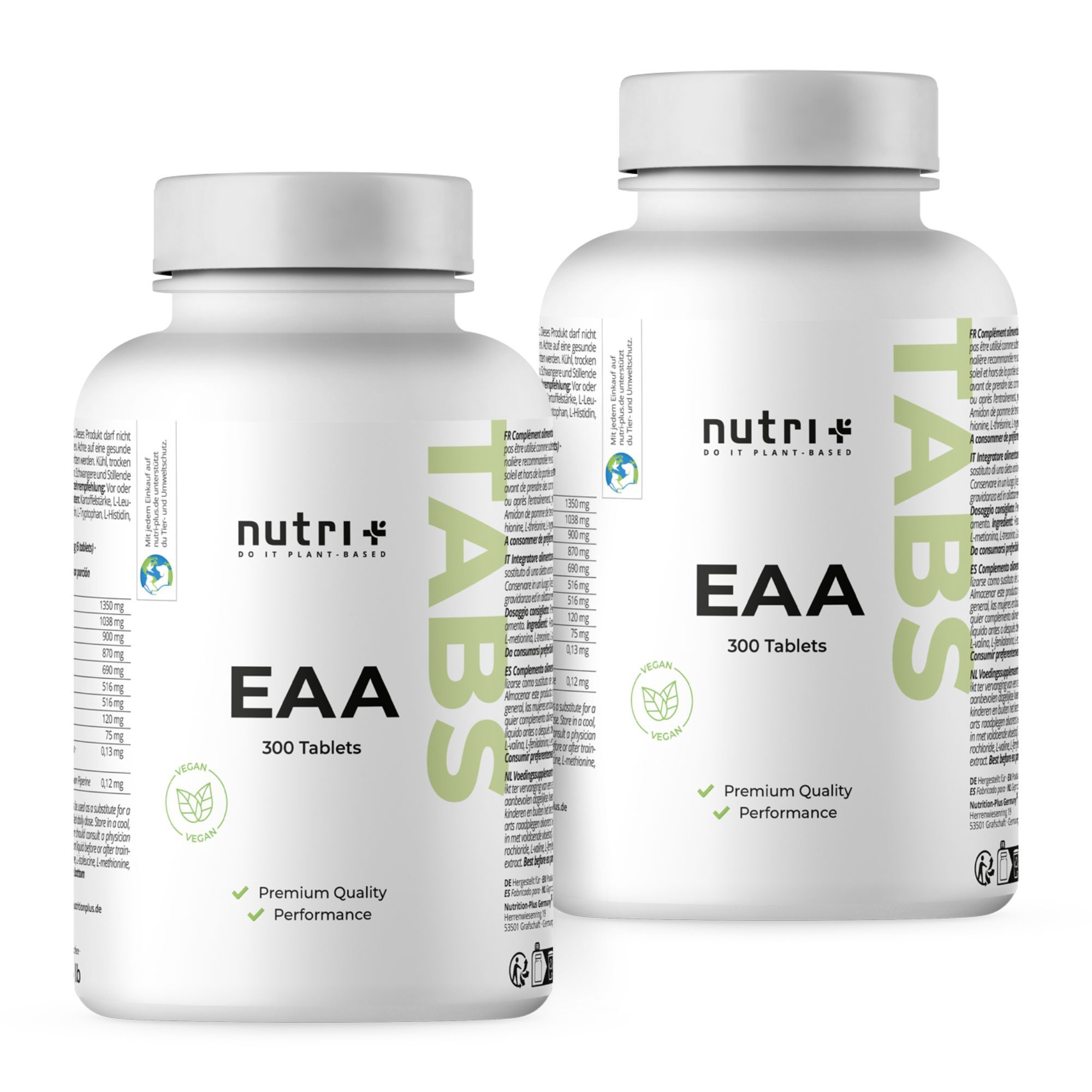 Zwei Flaschen nutri+ EAA TABS. Weiße Flaschen mit grünen Etiketten. Aufschrift EAA, 300 Tabletten. Premium Qualität, Performance.