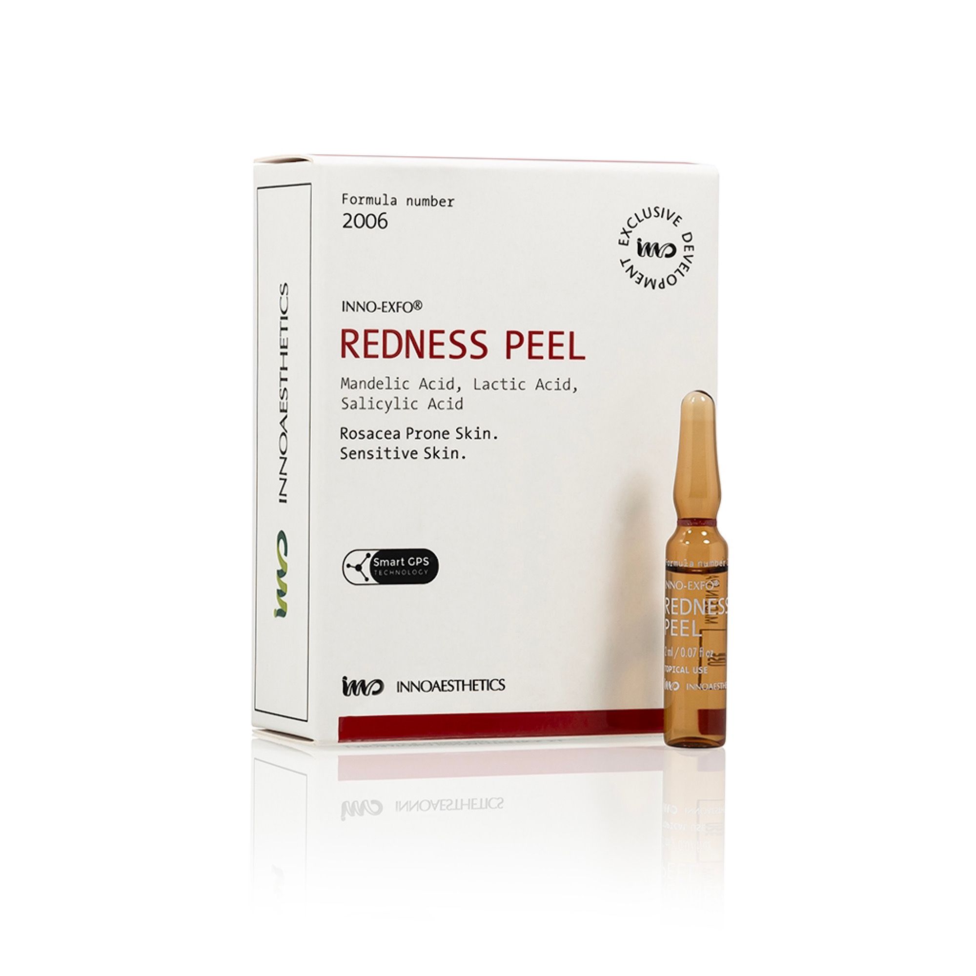 Produktverpackung mit Ampulle. Aufschrift: REDNESS PEEL, Inhaltsstoffe. Marke: Innoaesthetics.