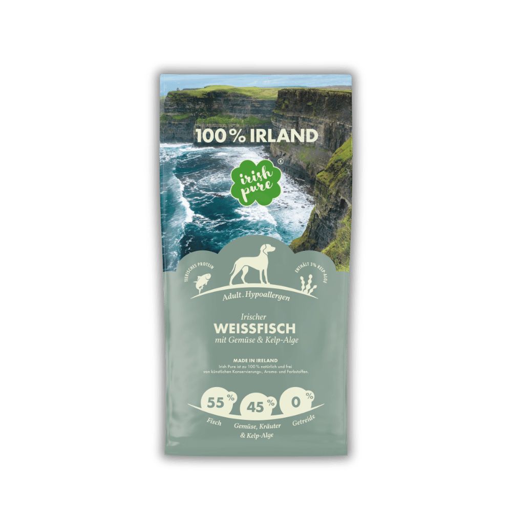 Hundefutter-Beutel mit Weißfisch, 100% Irland, 55% Fisch, 45% Gemüse/Kräuter/Kelp-Alge, 0% Getreide.