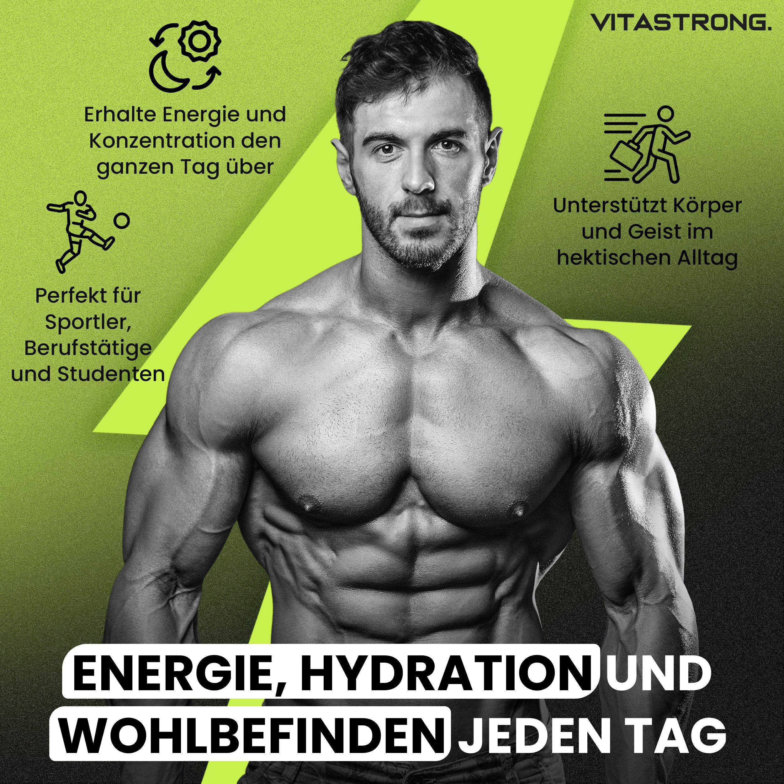 Muskulöser Mann. Vitastrong Hydra Pro, Energie, Hydratation und Wohlbefinden. Textboxen mit Vorteilen.