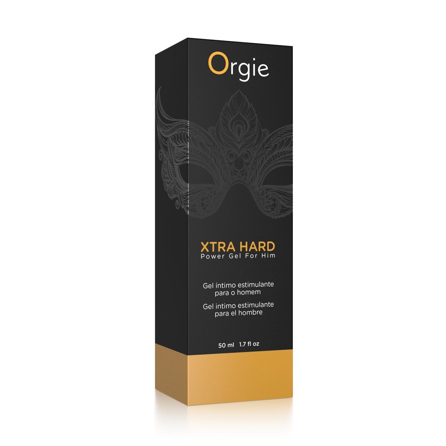 Schwarze Verpackung mit Logo und Masken-Design. Text: XTRA HARD Power Gel For Him. Goldfarbener Akzent am unteren Rand.
