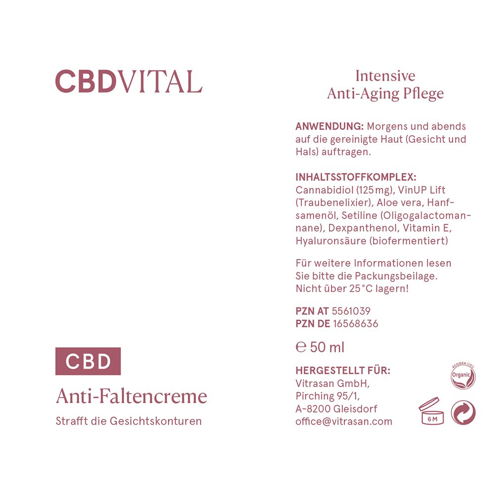 Rückseite des Creme-Flakons. Text: Intensive Anti-Aging Pflege, Inhaltsstoffe, 50 ml.