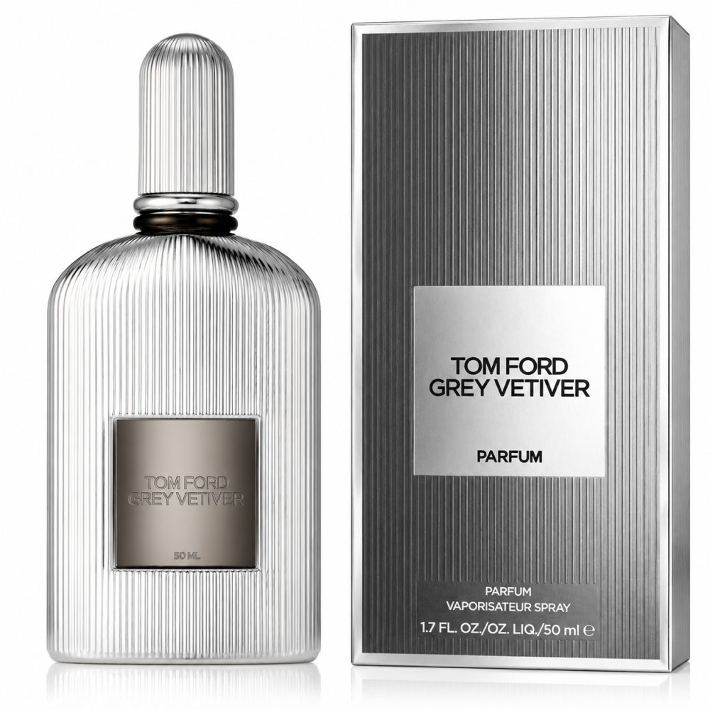 Tom Ford Grey Vetiver Eau de Parfum Flakon und Verpackung, silberfarben.
