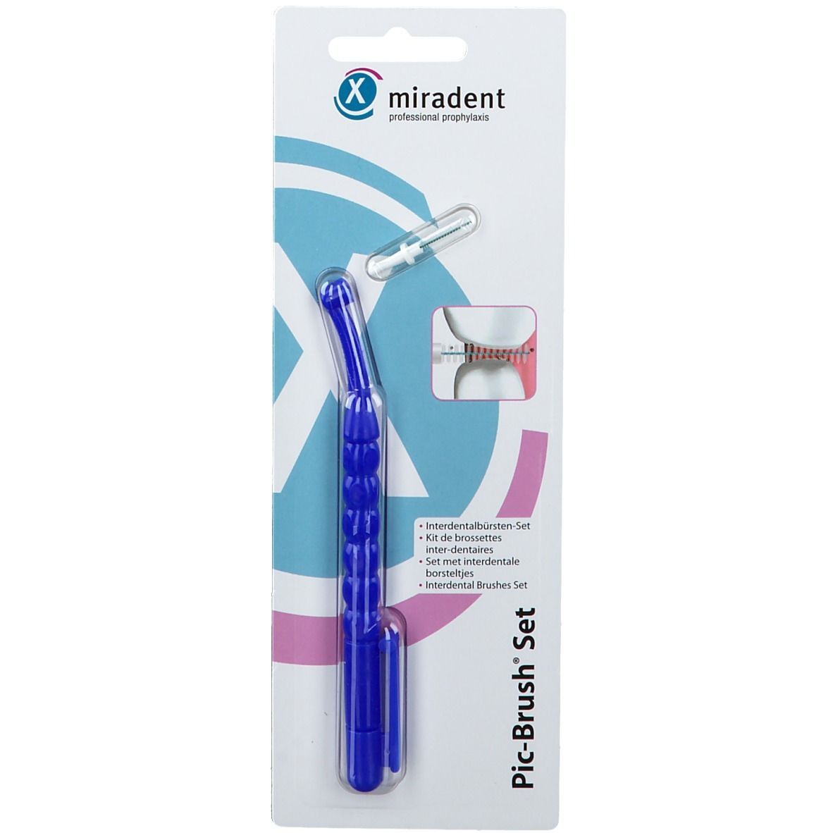 Blaues miradent Pic-Brush Set mit Griff und Bürstenkopf. Verpackung mit Produktabbildung und Markennamen.