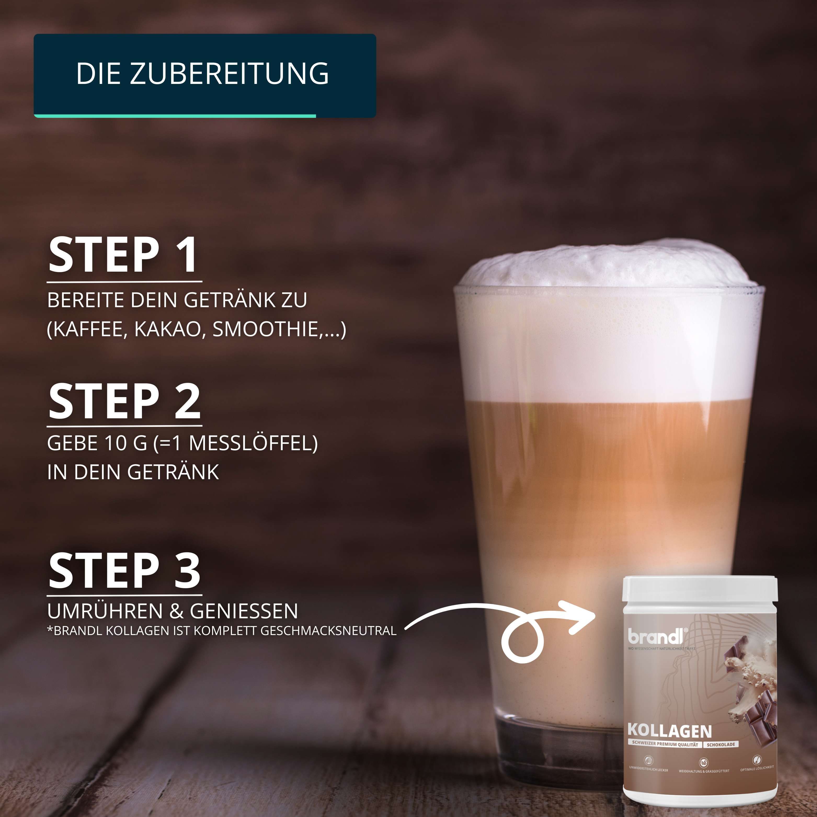 Produktglas mit Etikett. Text: Kollagen. Glas mit Latte Macchiato. Zubereitungsschritte.