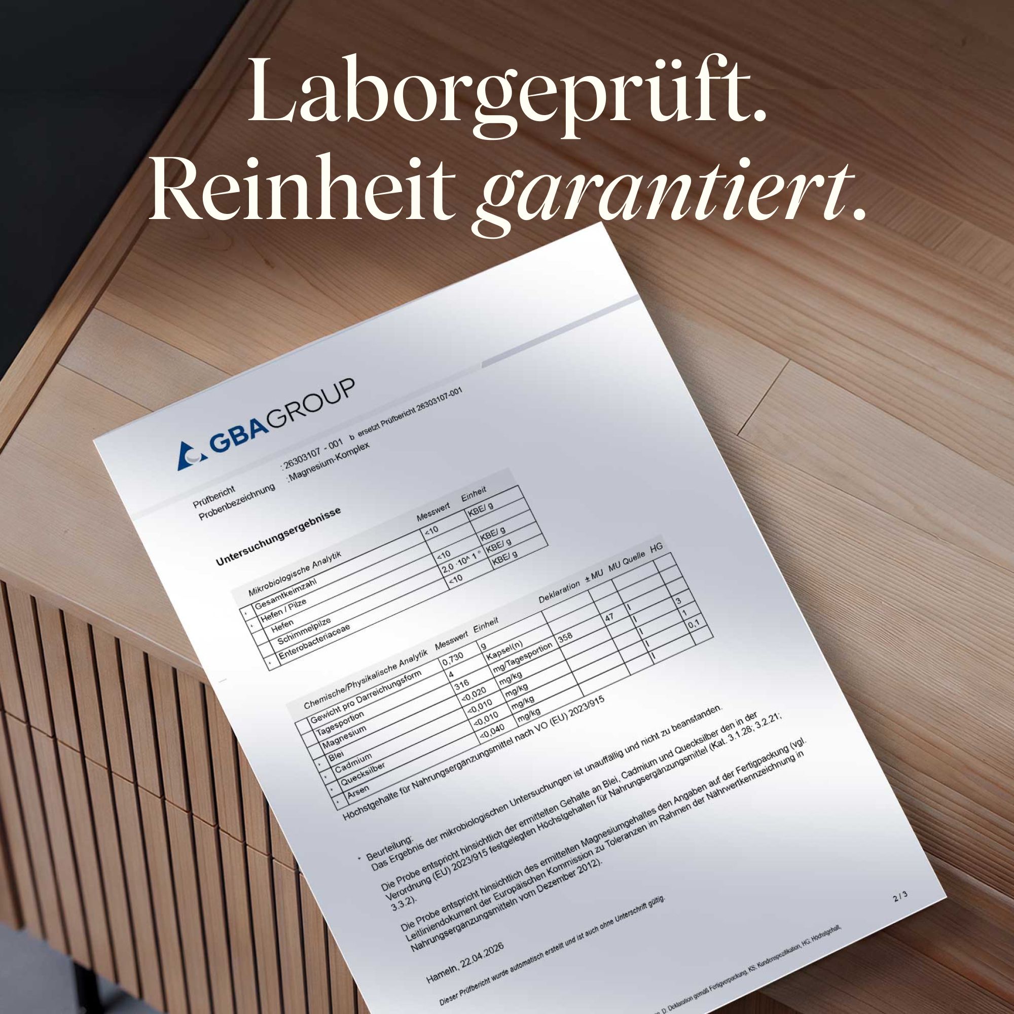 Laborbericht für VETAIN Magnesium Komplex: Bestätigt Reinheit und Qualität des Produkts.