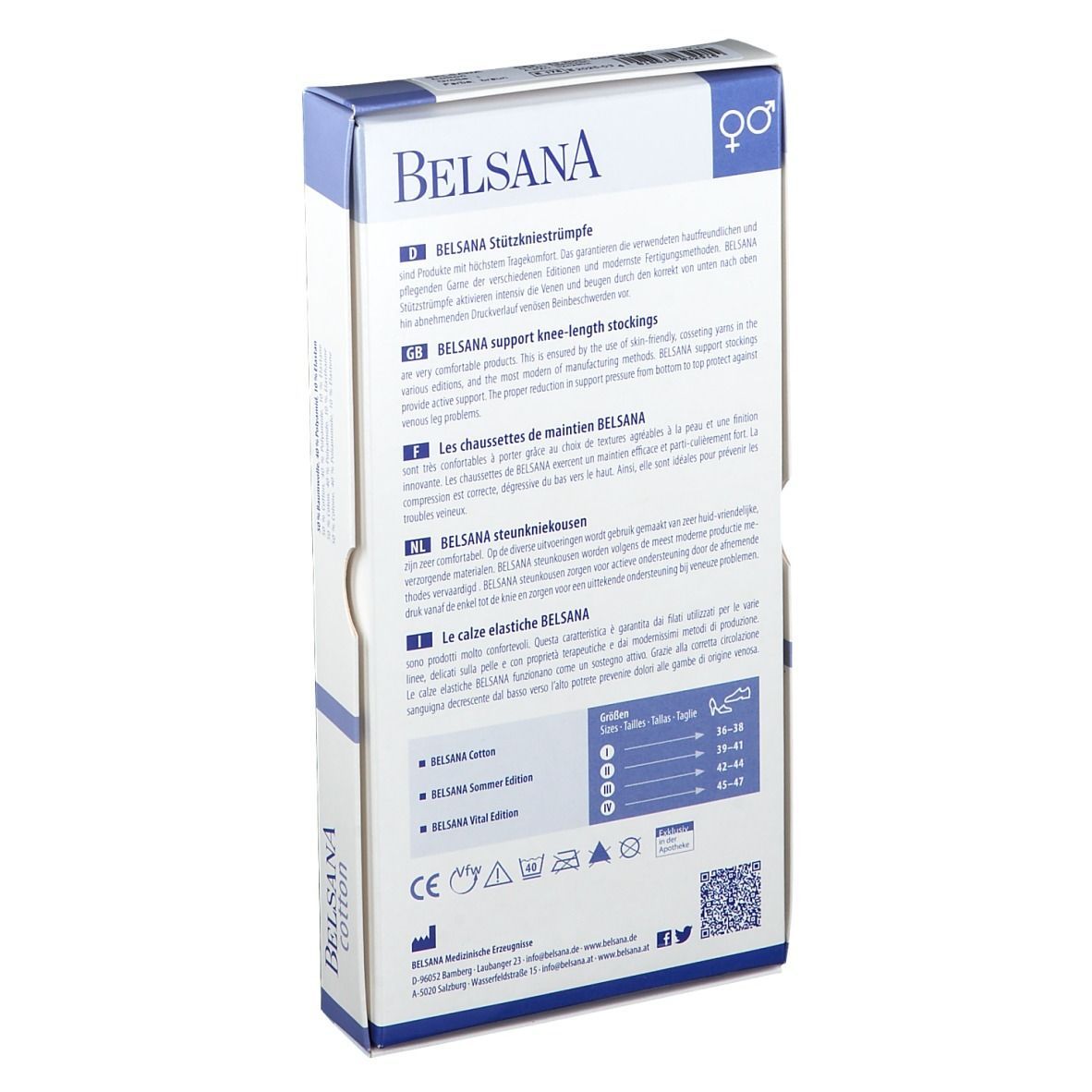 Rückseite der BELSANA Cotton Stützkniestrumpf Verpackung. Informationen zu Größen und Materialien.