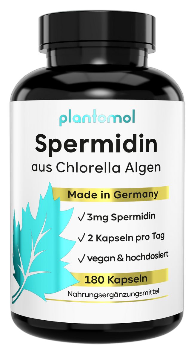 Schwarze Flasche mit weißen Etikett. Aufschrift: plantomol Spermidin aus Chlorella Algen. Enthält 180 Kapseln. Made in Germany.