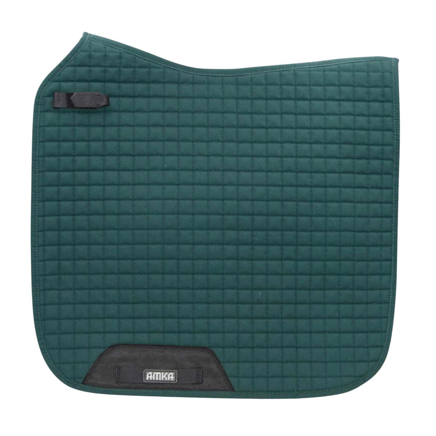 Grüne Sattelunterlage mit quadratischer Steppung. Schwarze Details und AMKA-Logo. Rechteckige Form.