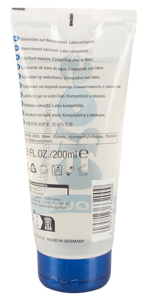 Rückseite der Tube. Text in mehreren Sprachen. Aufschrift: Wasserbasiertes Gleitmittel. 200ml.