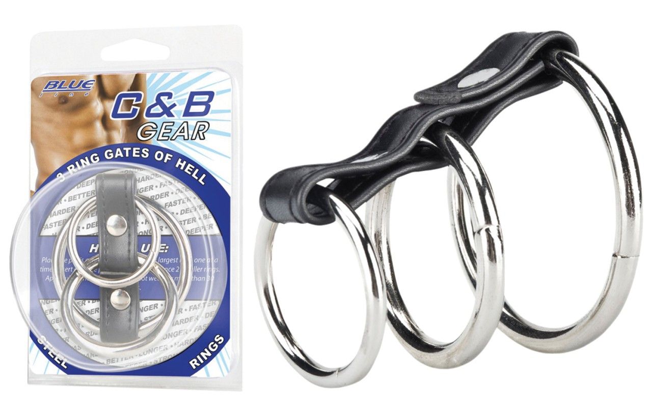 Set aus drei Metallringen mit schwarzem Lederband. Verpackt in Blisterverpackung mit Produktnamen und Logo.