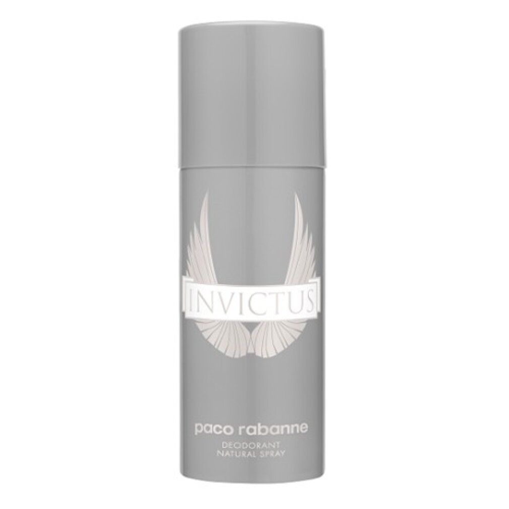 Graue Deo-Spray-Flasche mit „Invictus“-Logo und „Paco Rabanne“-Schriftzug. Zylindrische Form mit Deckel.