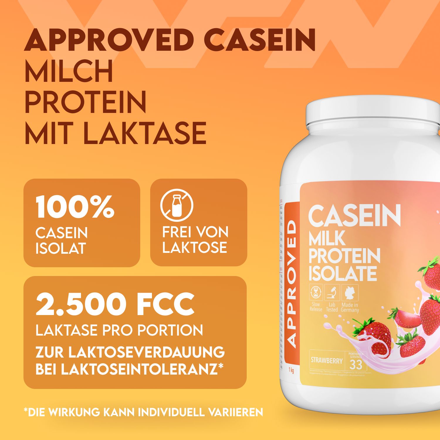 Weißes Casein-Isolat-Behälter mit Erdbeer-Motiv. Text: Approved Casein, Milch Protein Isolate, 100% Casein Isolat, frei von Laktose.
