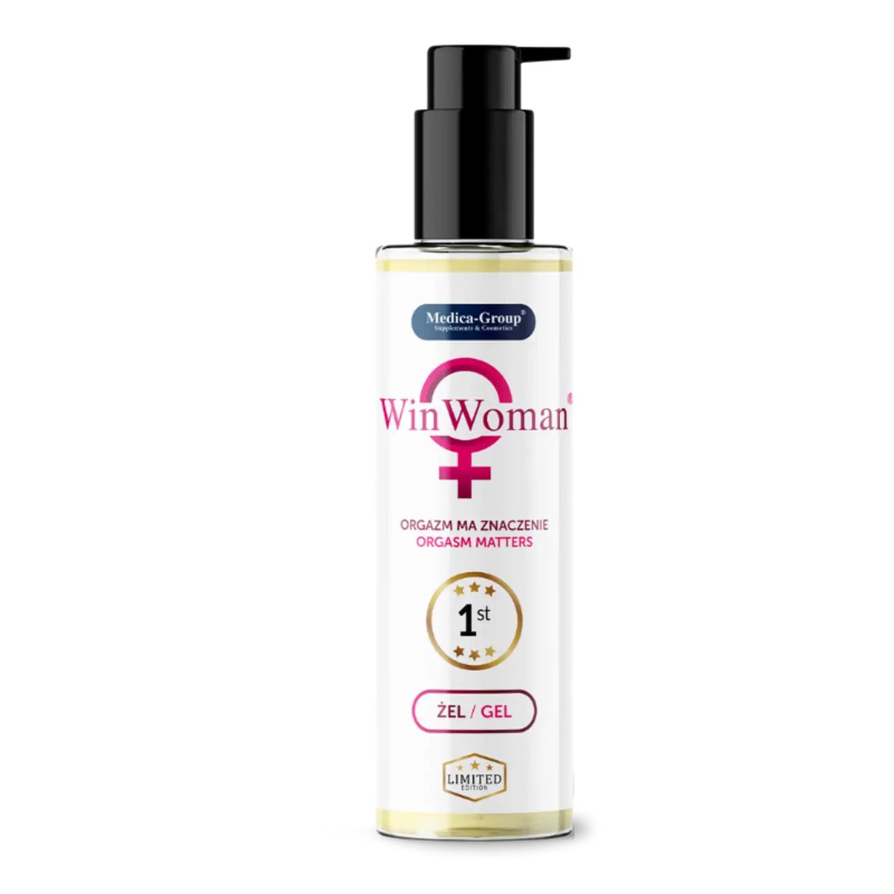 WinWoman Gel-Flasche mit schwarzem Pumpkopf. Logo, Schriftzug und Auszeichnungen auf dem Etikett.