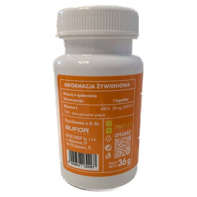 Rückseite einer weißen Flasche mit orangefarbenem Etikett, die Informationen über Herb Vita E 400 IE Kapseln enthält.