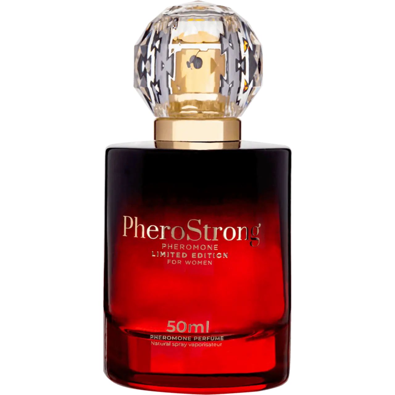 Roter Flakon mit Kristallverschluss. Aufschrift: PheroStrong, Limited Edition für Frauen, 50ml. Pheromon-Parfüm.
