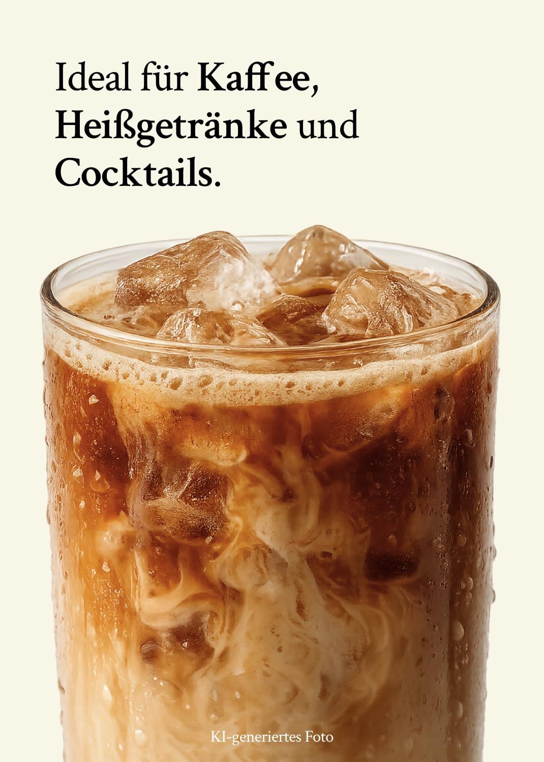 Eiskaffee mit Sahne und Eiswürfeln in einem Glas.