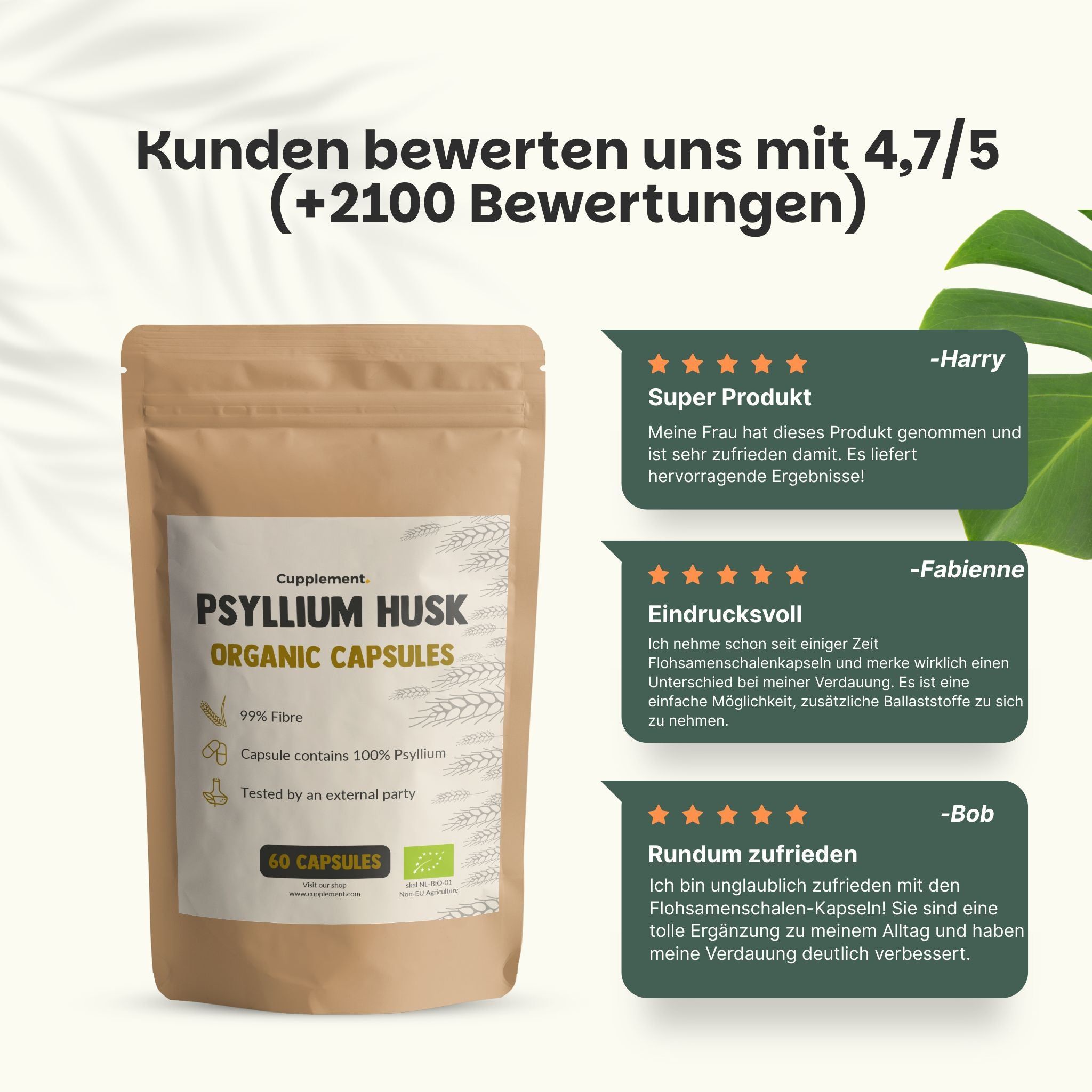 Beutel mit Kapseln. Text: Psyllium Husk Organic Capsules, 99% Fibre, 60 Kapseln. Kundenbewertungen 4,7/5.