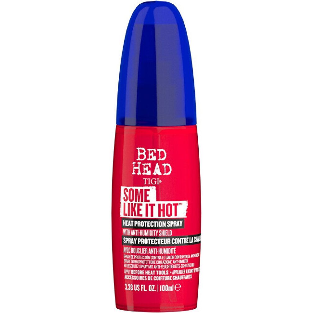 Rote Sprühflasche mit blauem Deckel. Aufschrift: Bed Head Some Like It Hot Heat Protection Spray.