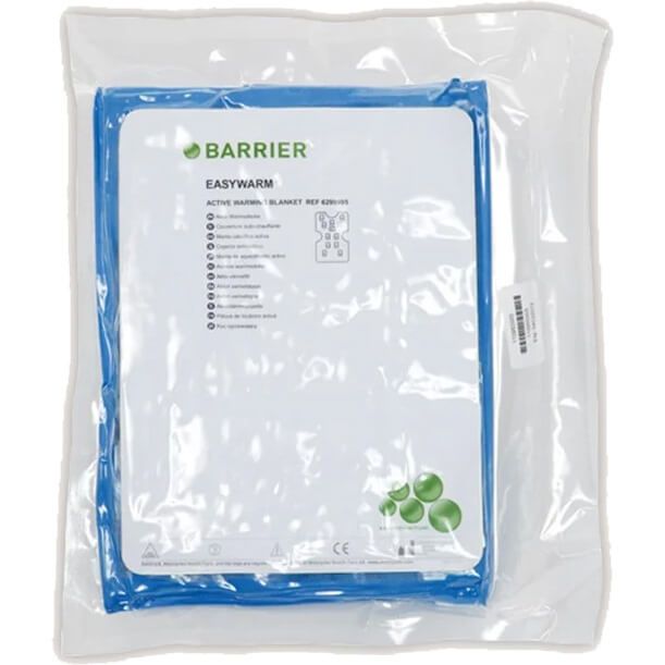 Blaues, rechteckiges Produkt in transparenter Verpackung. Aufdruck mit Logo 'BARRIER' und Text 'EASYWARM'.