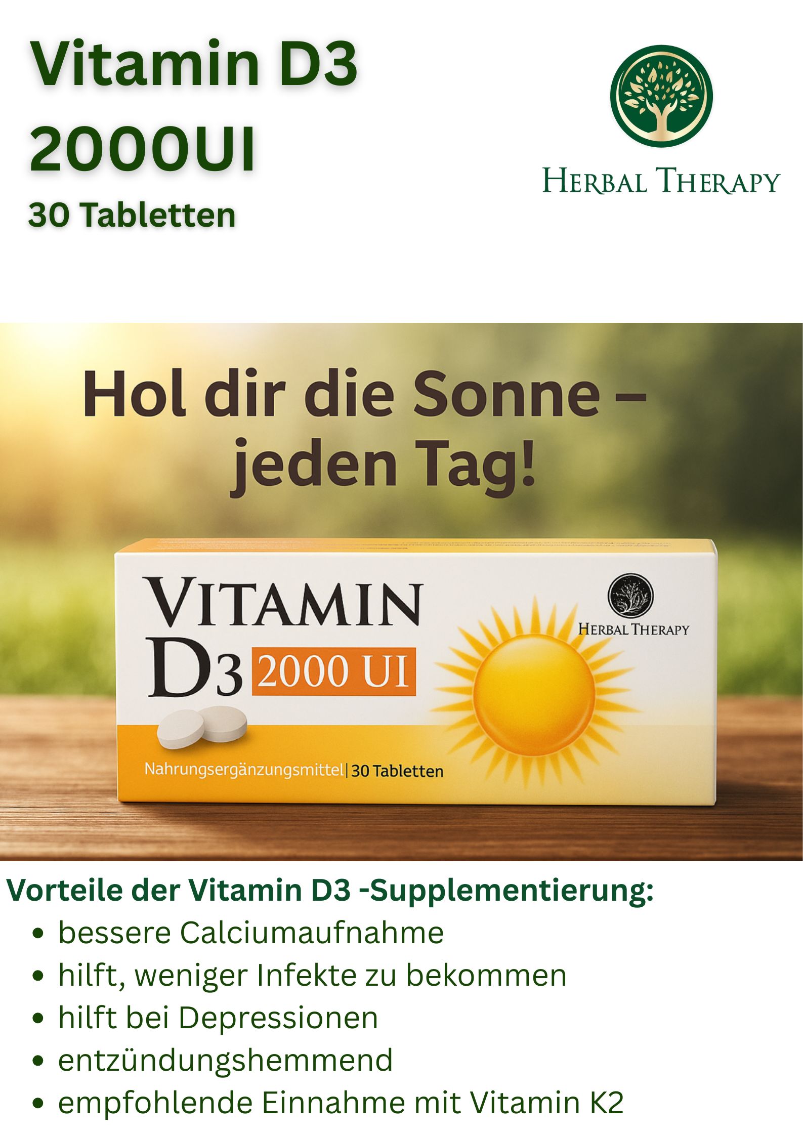 Werbebild mit Vitamin D3 2000 UI Tabletten-Schachtel. Text: Hol dir die Sonne – jeden Tag! Vorteile der Vitamin D3-Supplementierung.
