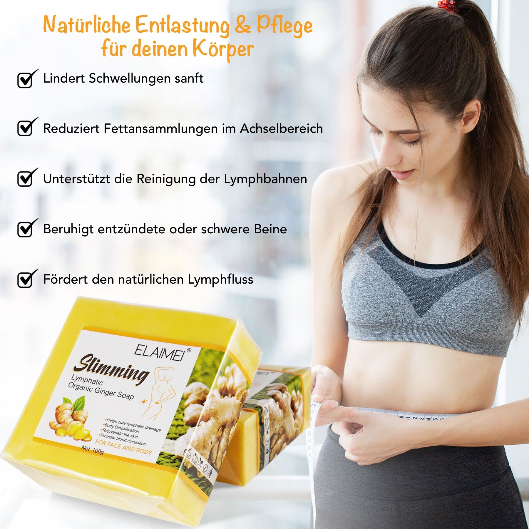 Gelbes Seifenstück und Frau. Aufschrift: Slimming Lymphatic Organic Ginger Soap. Marke: ELAIMEI. Text über Vorteile für den Körper.