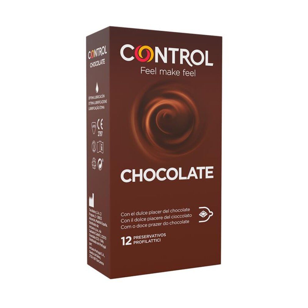Control Schoko-Kondome, 12 Stück. Braune Verpackung mit Schokoladenwirbel-Design.