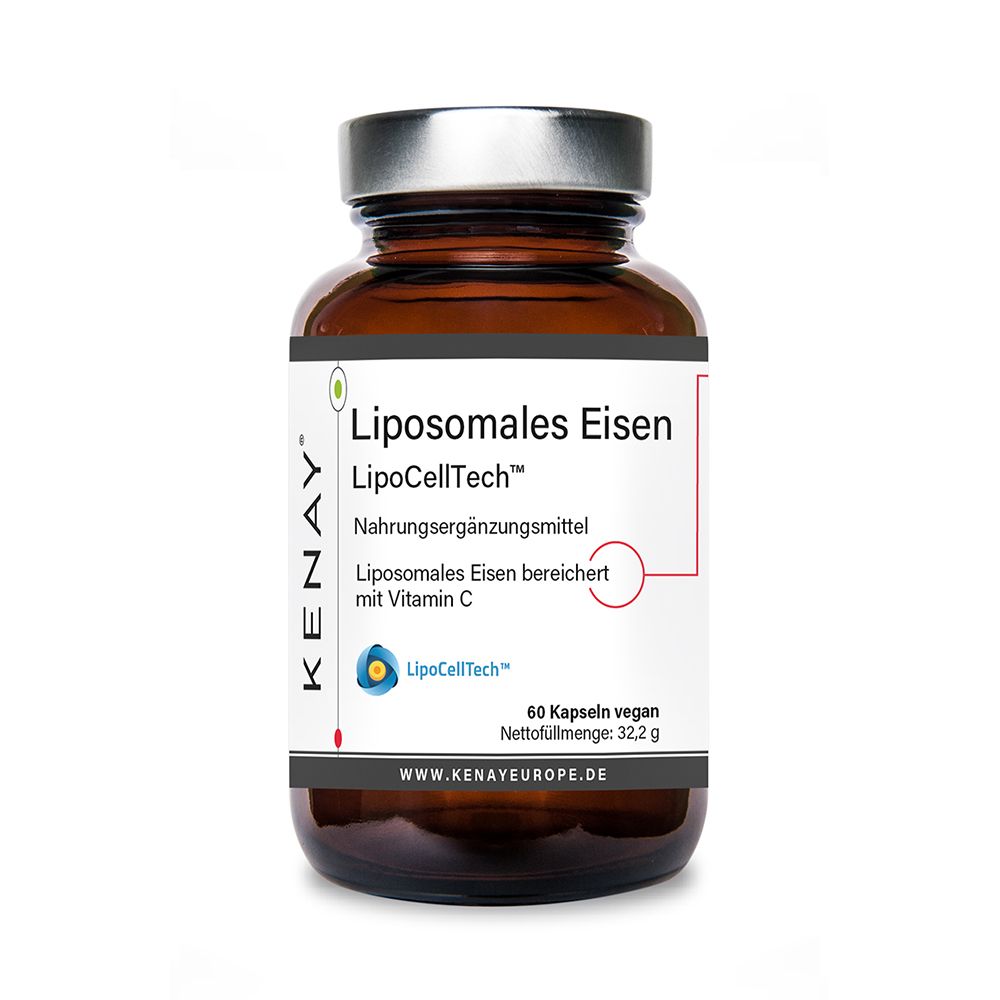Braune Glasflasche mit weißem Etikett. Aufschrift: Liposomales Eisen LipoCellTech™, KENAY®. Nahrungsergänzungsmittel. 60 Kapseln vegan.